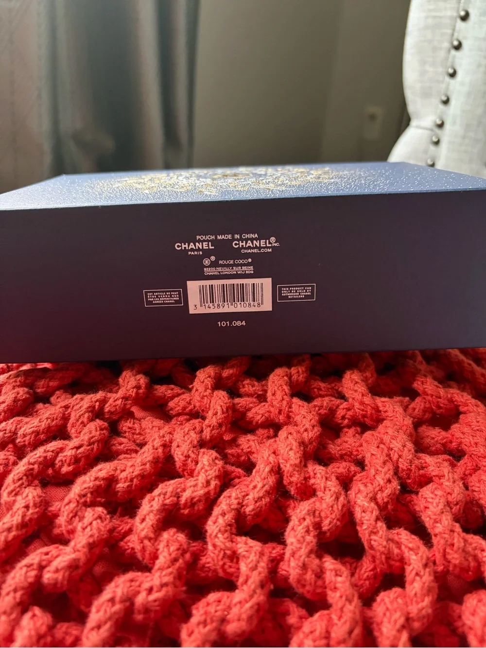 CHANEL Navy Tweed Cosmetic Pouch | Gold Logo & Camellia Charm | NIB - Pouch Only